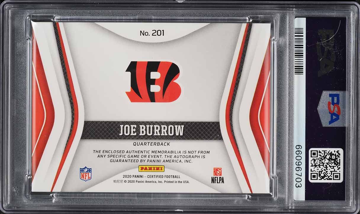 2020 Panini Certified Mirror Gold Joe Burrow ROOKIE PATCH AUTO /25 #201 PSA 9