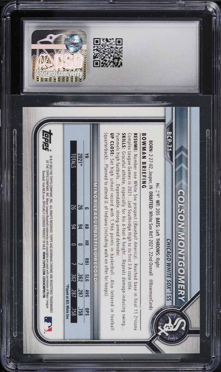 2022 Bowman Chrome Blue Refractor Colson Montgomery ROOKIE /150 #BCP-71 CSG 9
