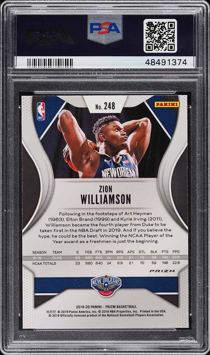2019 Panini Prizm Silver Prizms Zion Williamson ROOKIE #248 PSA 10 GEM MINT