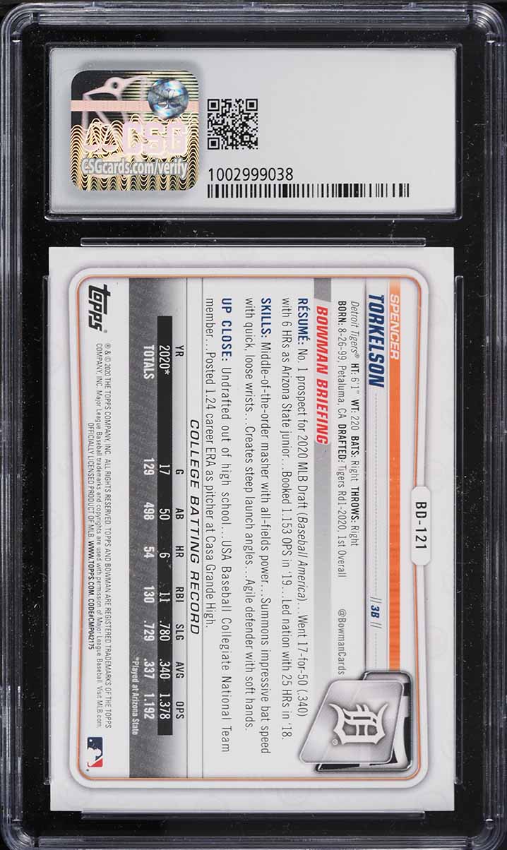 2020 Bowman Draft Spencer Torkelson ROOKIE #BD-121 CSG 9 MINT