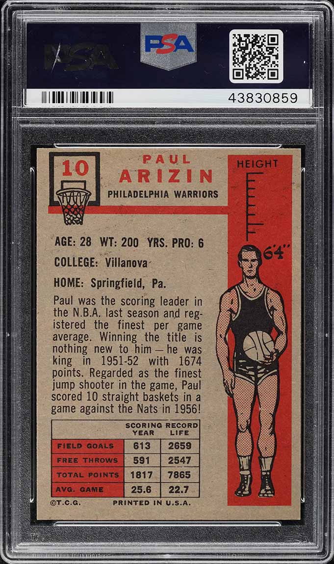 1957 Topps Basketball Paul Arizin #10 PSA 5 EX