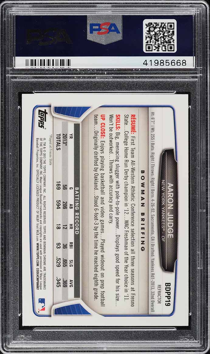 2013 Bowman Chrome Draft Refractor Aaron Judge ROOKIE #BDPP19 PSA 9 MINT
