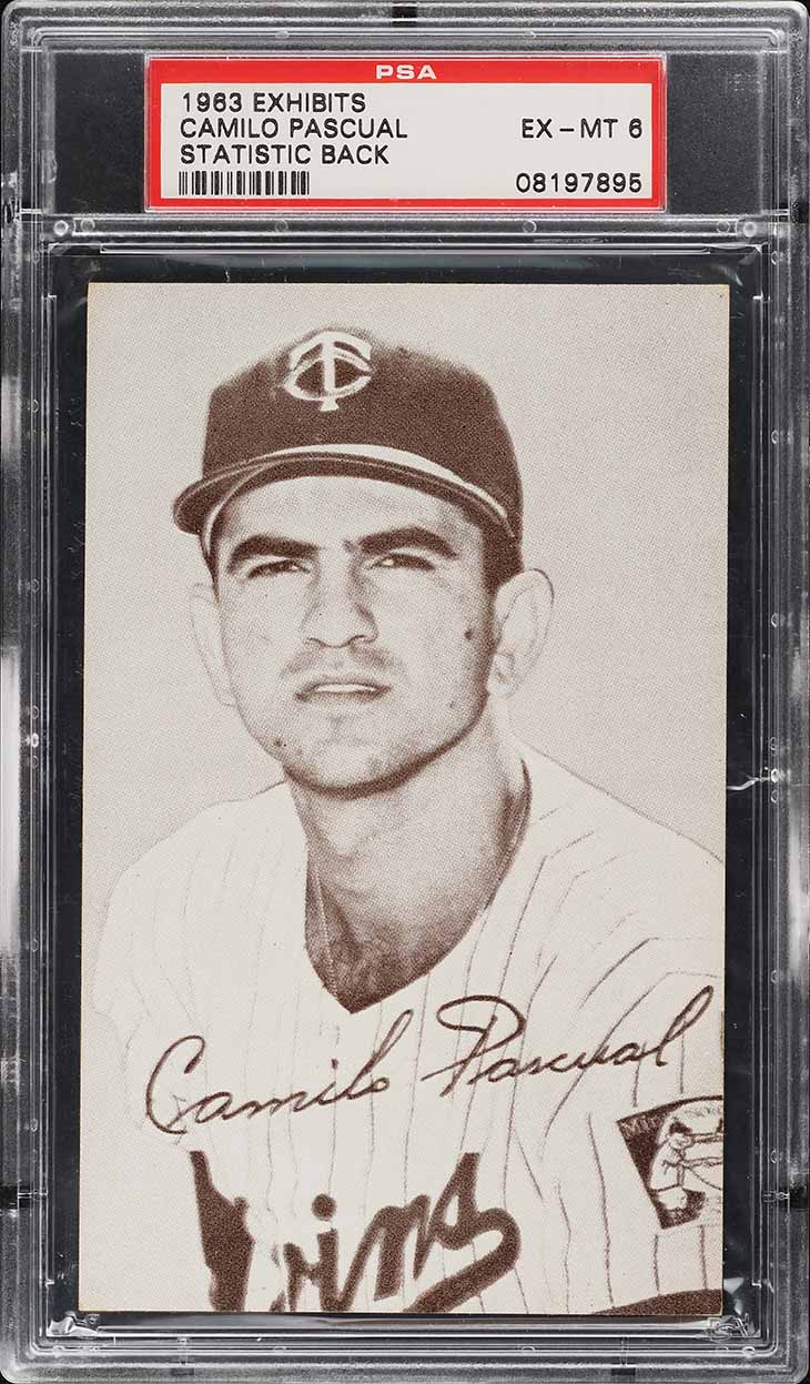 1963 Exhibits Statistic Back Camilo Pascual PSA 6 EXMT