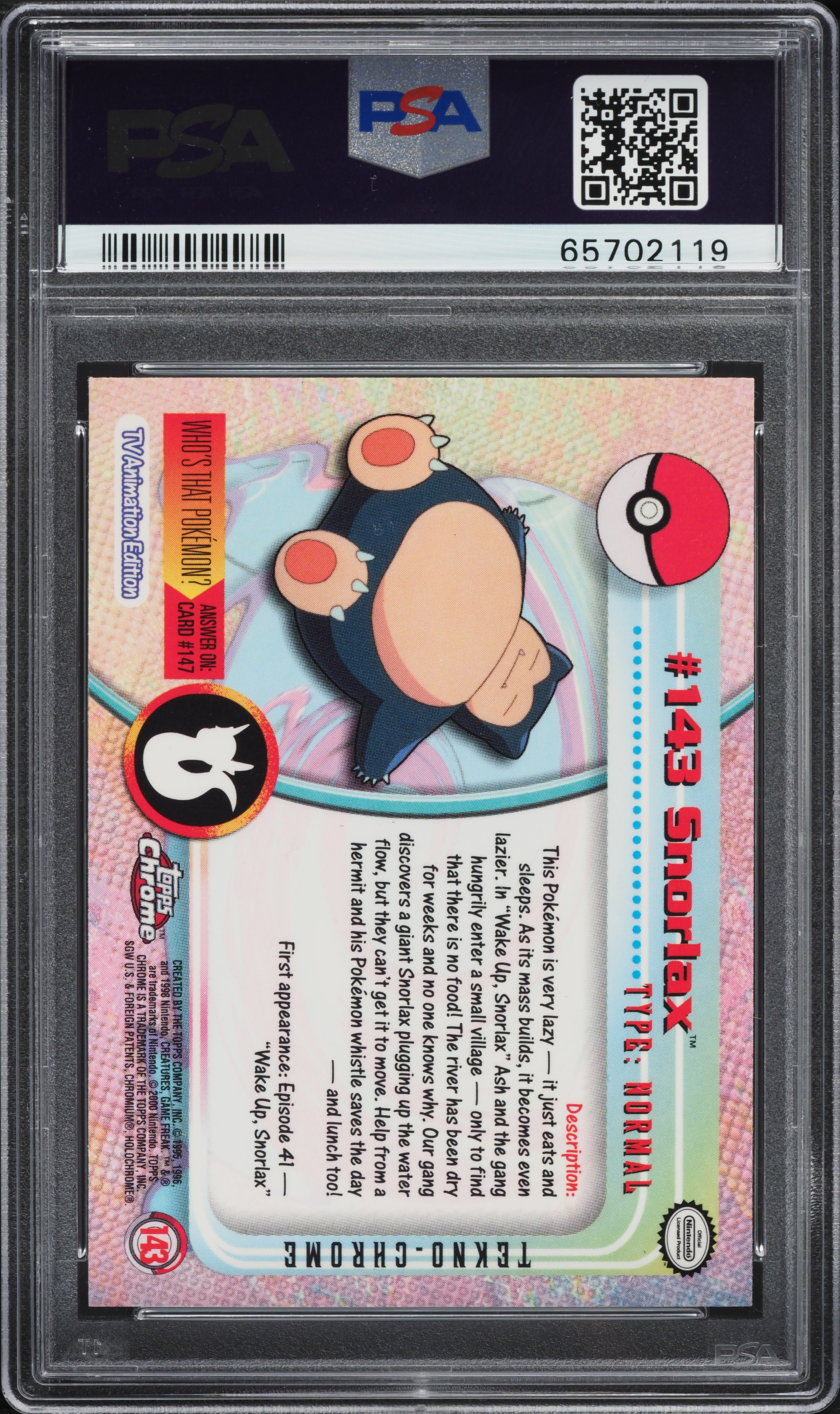 2000 Topps Pokemon Chrome Series 2 Tekno Snorlax #143 PSA 9 MINT