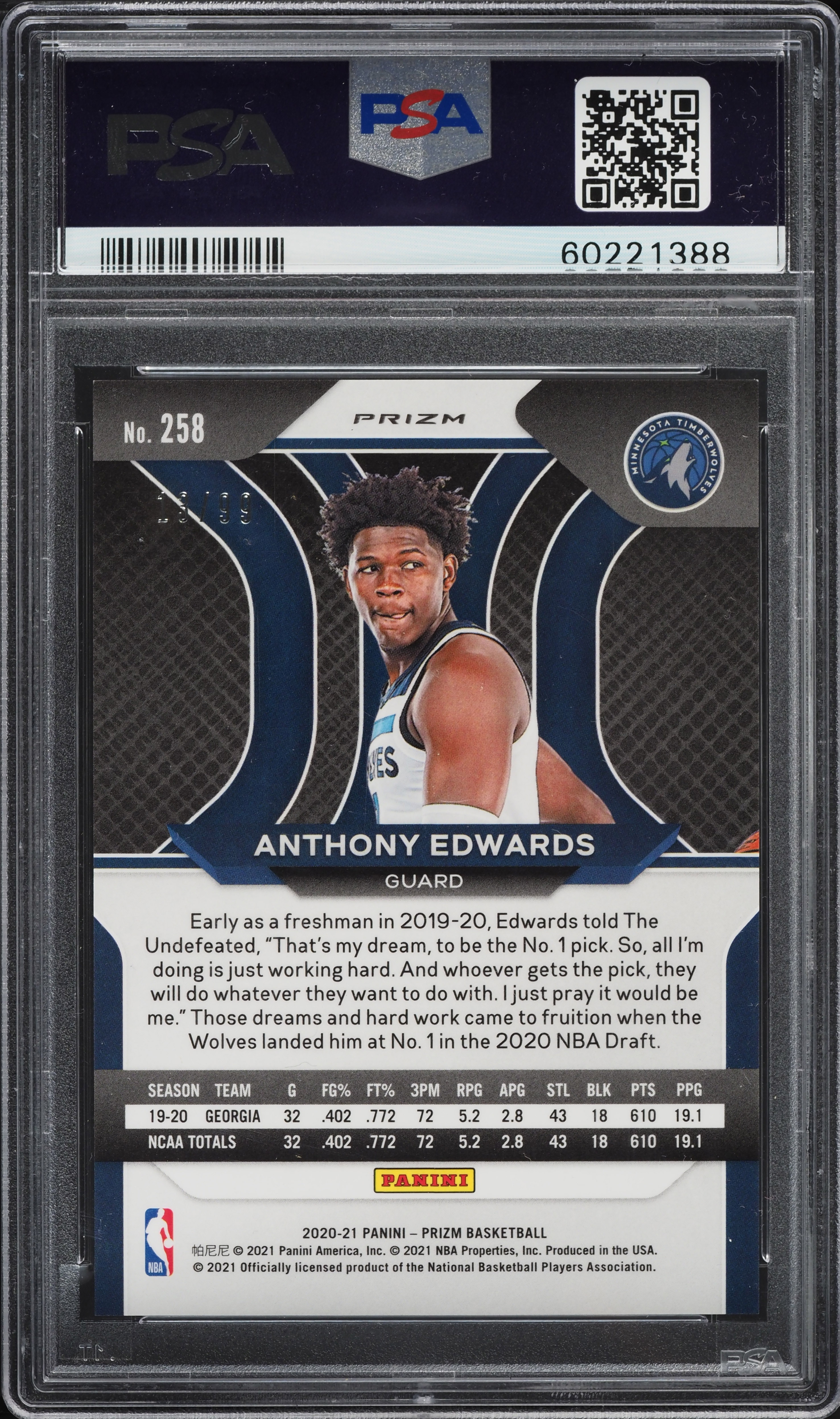 2020 Panini Prizm Purple Anthony Edwards ROOKIE /99 #258 PSA 9 
