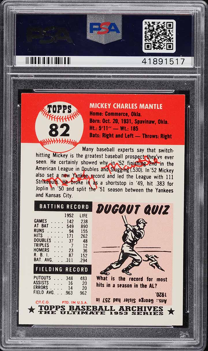 1991 Topps Archives '53 Reprint Mickey Mantle #82 PSA 8 NM-MT