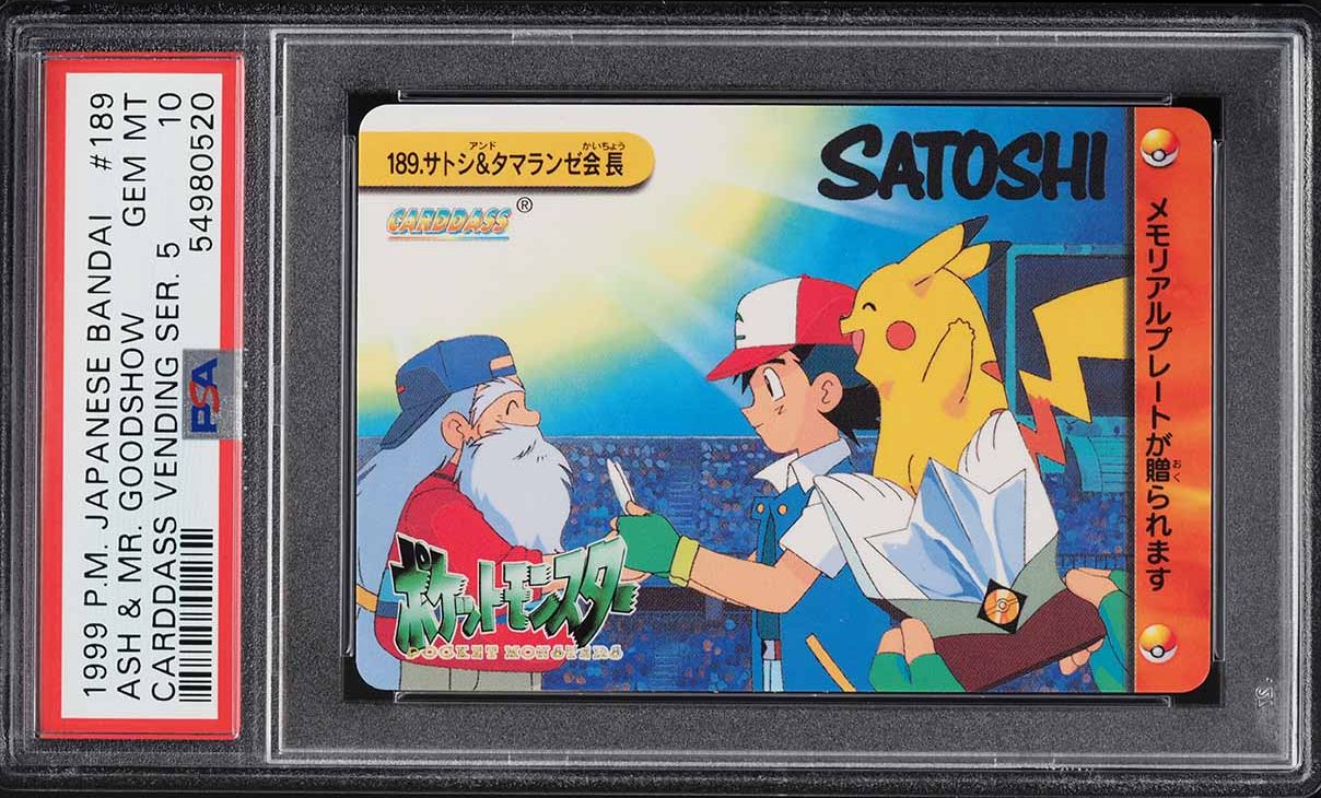 1999 Pokemon Japanese Bandai Carddass Vending 5 Glossy Ash & Pikachu #189 PSA 10