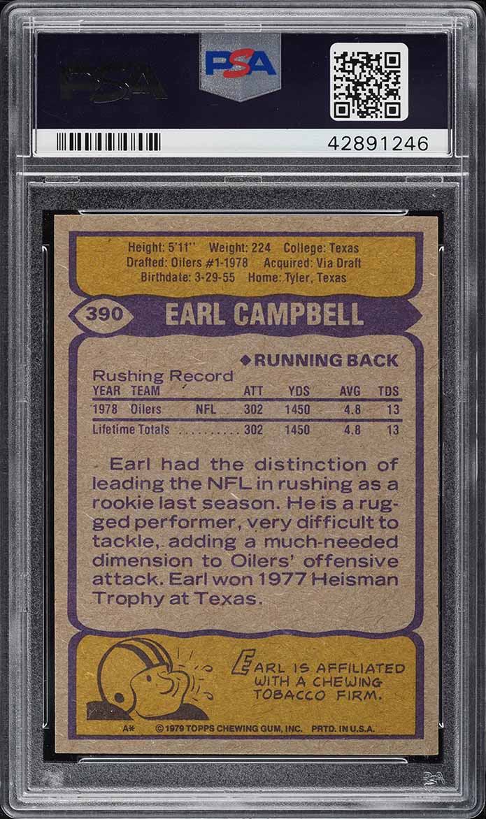 1979 Topps Football Earl Campbell ROOKIE, ALL-PRO AUTO DNA 10 #390 PSA 8  NM-MT