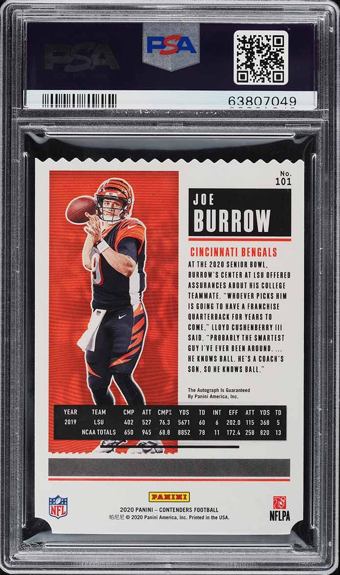 2020 Panini Contenders Ticket Stub Joe Burrow ROOKIE AUTO /9 #101 PSA 10 GEM