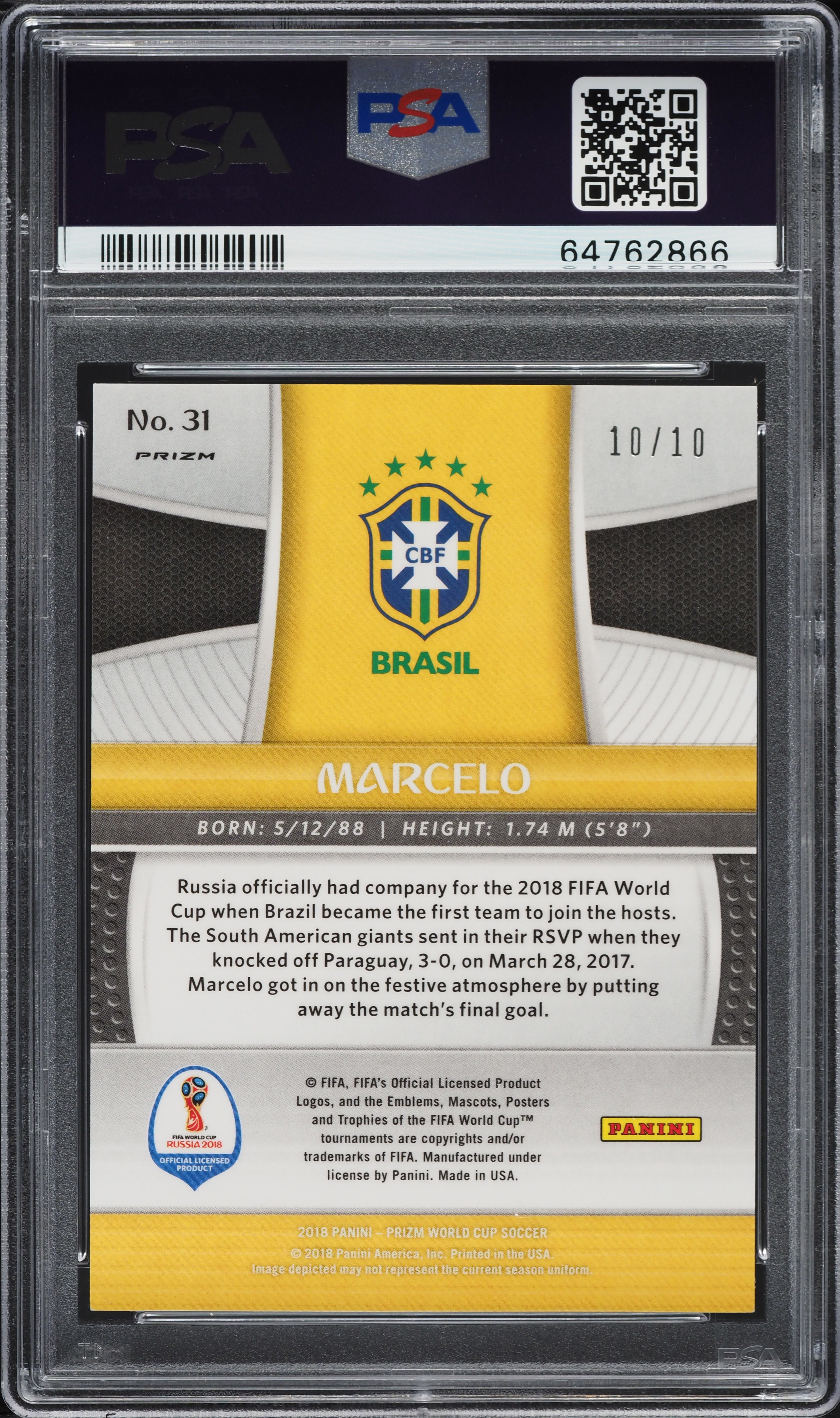 2018 Panini Prizm World Cup Gold Marcelo 10/10 #31 PSA 8 NM-MT on