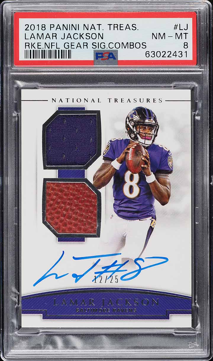 2018 National Treasures NFL Gear Lamar Jackson RC PATCH AUTO /25 #RSC-LJ PSA 8