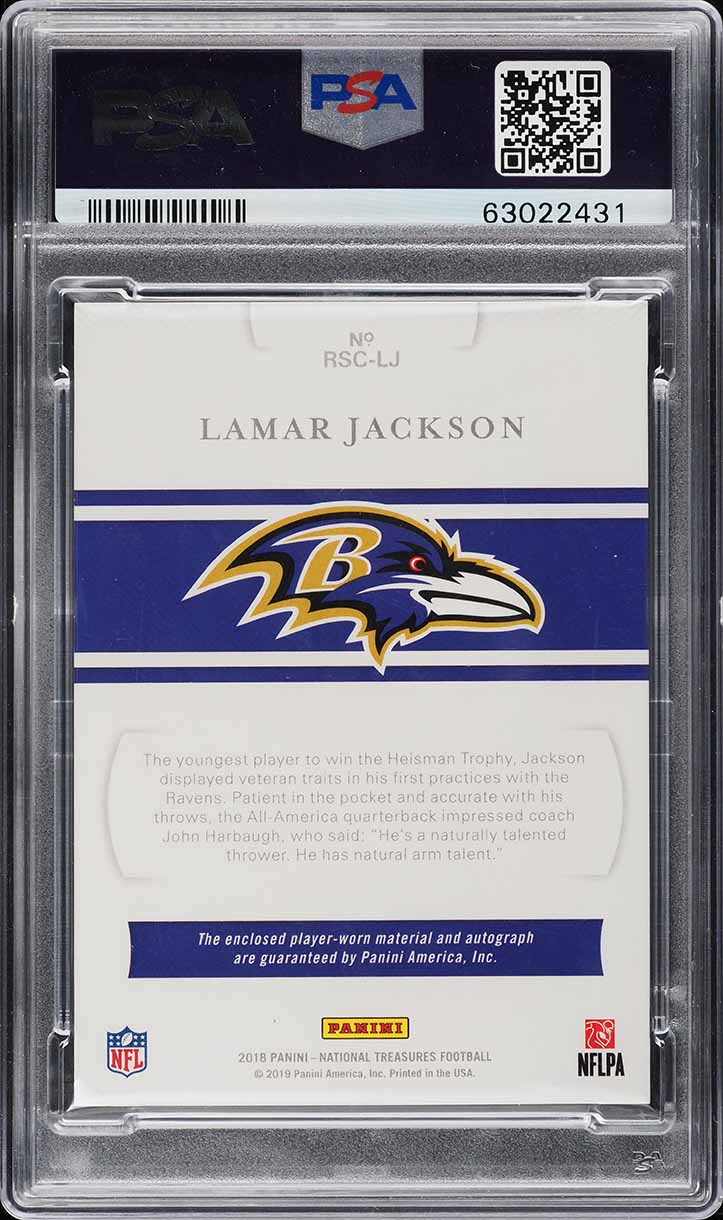 2018 National Treasures NFL Gear Lamar Jackson RC PATCH AUTO /25 #RSC-LJ PSA 8