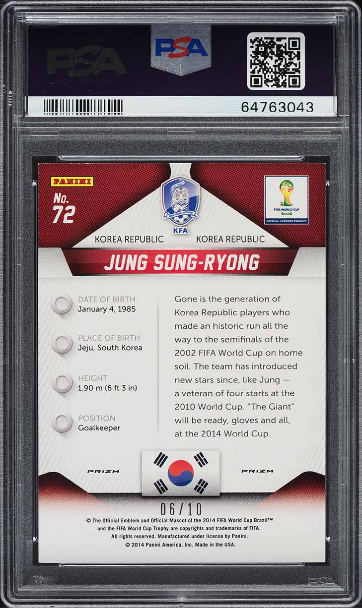 2014 Panini Prizm World Cup Gold Prizms Jung Sung-Ryong /10 #72 PSA 9 MINT