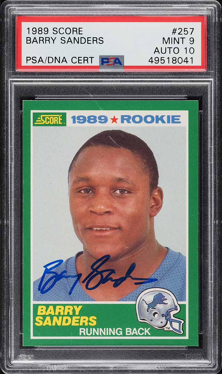1989 Score Football Barry Sanders ROOKIE AUTO DNA 10 #257 PSA 9 MINT