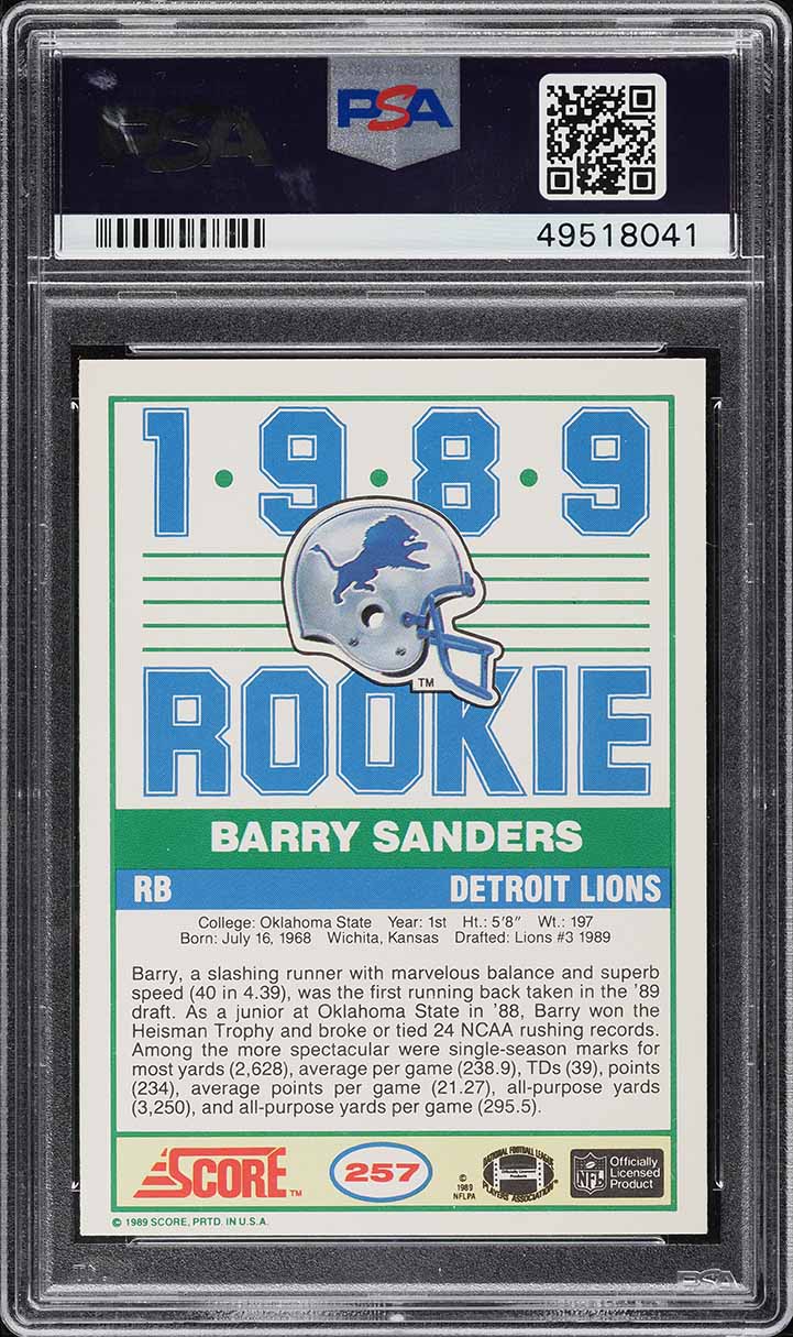 1989 Score Football Barry Sanders ROOKIE AUTO DNA 10 #257 PSA 9 MINT