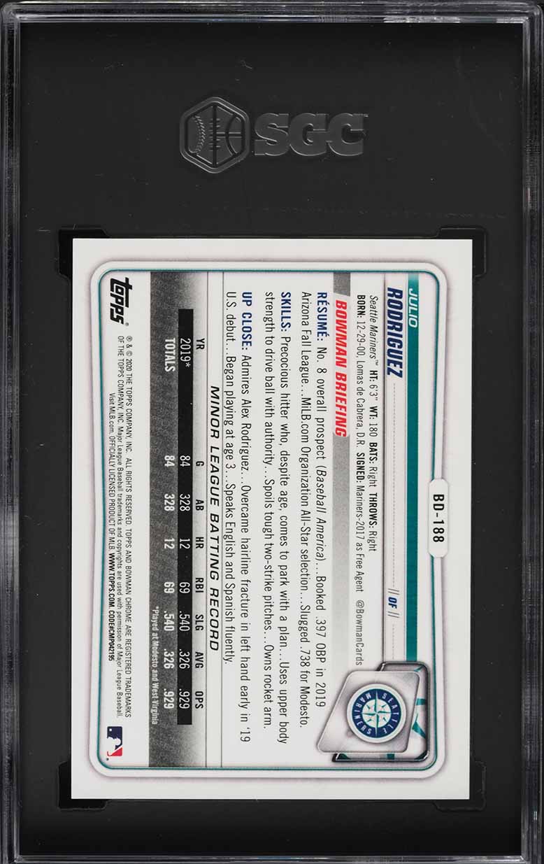 2020 Bowman Chrome Purple Refractor Julio Rodriguez ROOKIE /250 #BD-188 SGC 9.5