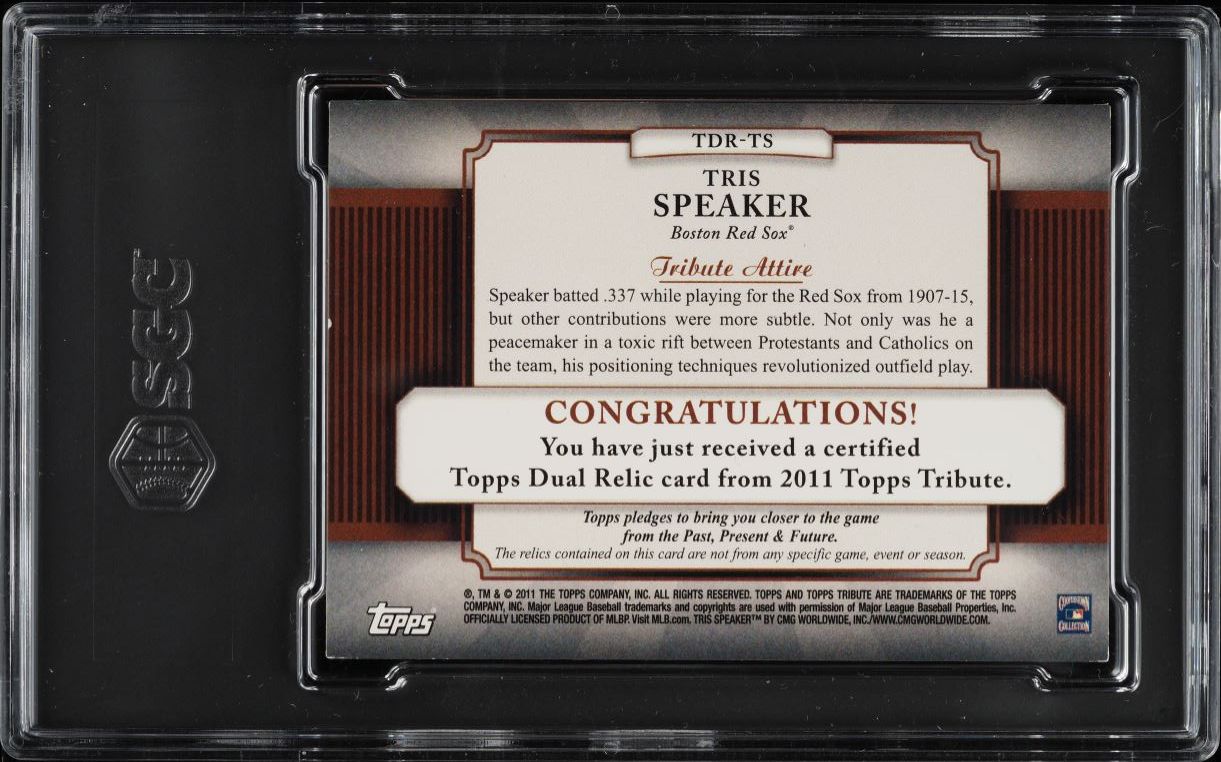 2011 Topps Tribute Dual Relics Tris Speaker BAT PATCH /99 #TDR-TS SGC 8 NM-MT