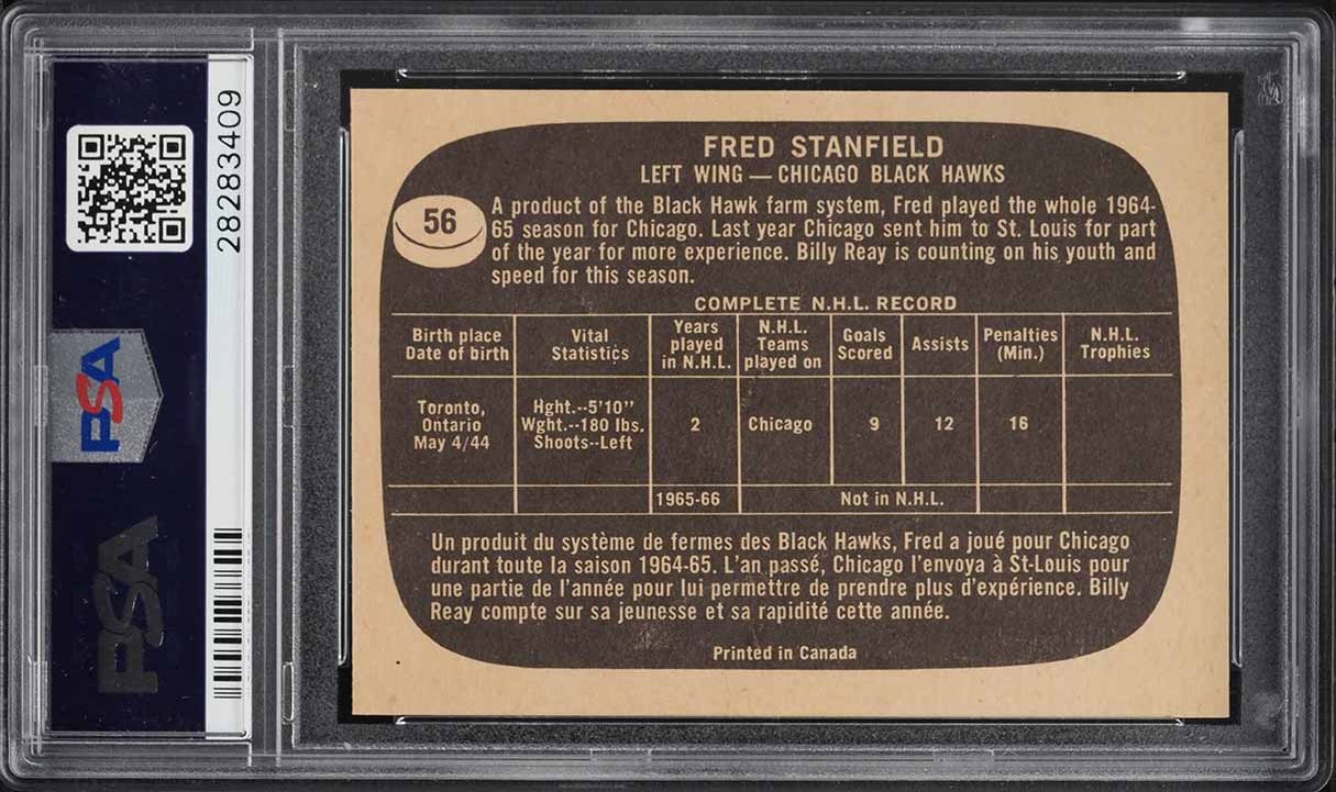 1966 Topps Hockey Fred Stanfield #56 PSA 8 NM-MT