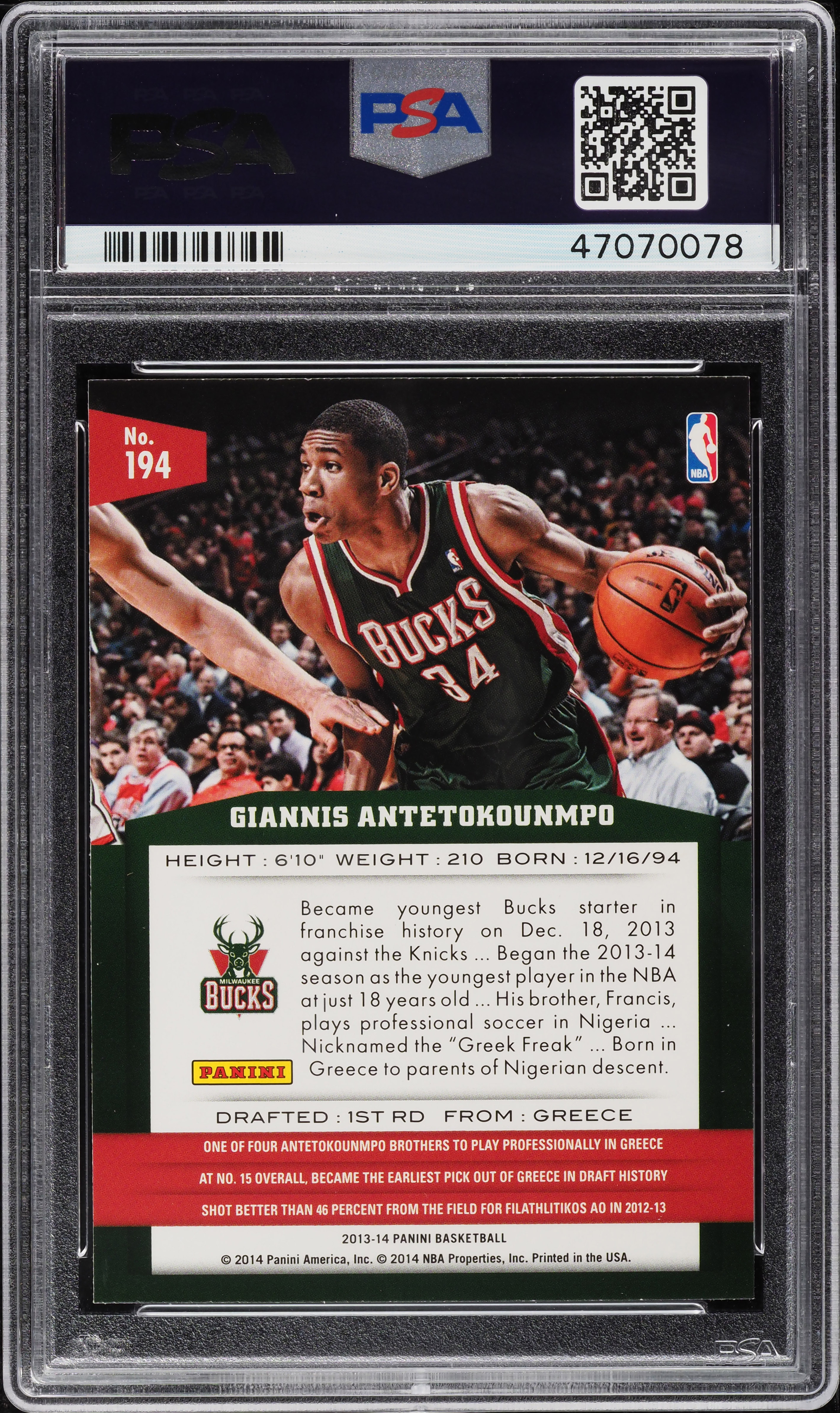 2013 Panini Basketball Giannis Antetokounmpo ROOKIE #194 PSA 10