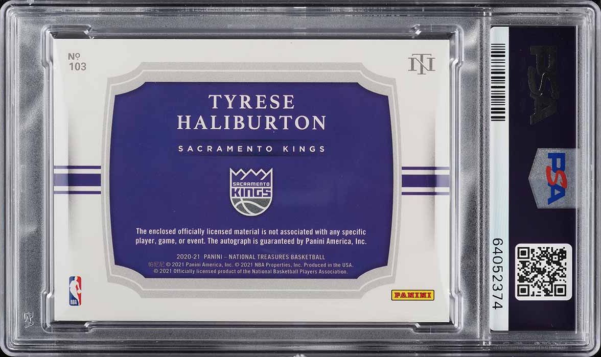 2020 National Treasures Tyrese Haliburton ROOKIE PATCH AUTO /75 #103 PSA 8 NM-MT