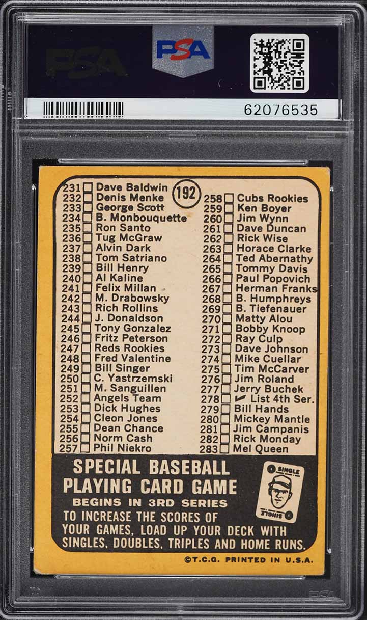 1968 Topps Carl Yastrzemski CHECKLIST 197-283 #192 PSA 3 VG