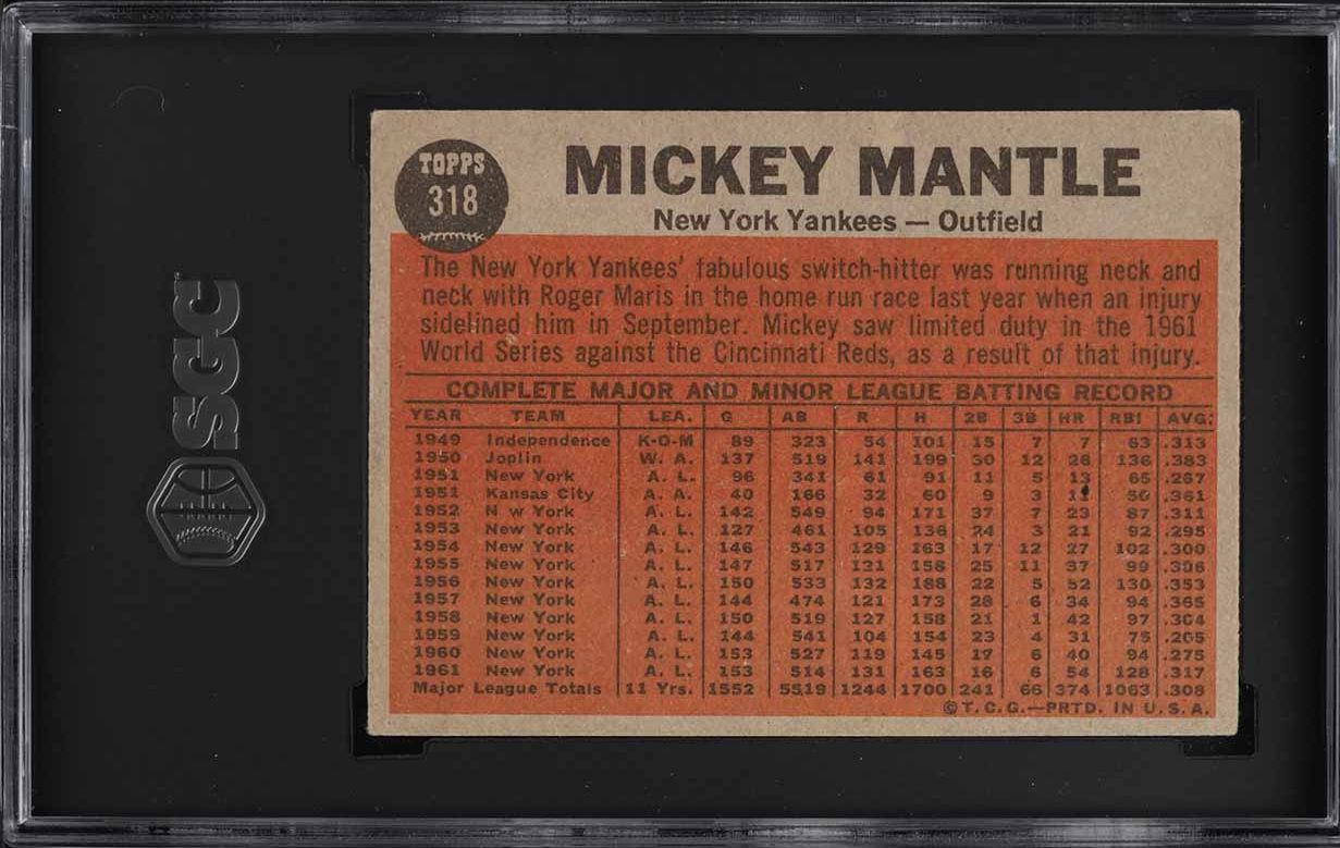 1962 Topps Mickey Mantle THE SWITCH HITTER #318 SGC 4 VGEX