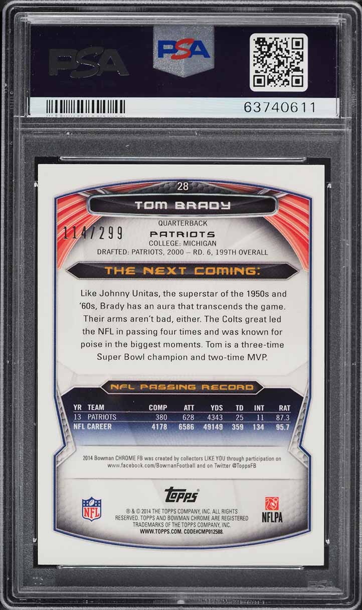 2014 Bowman Chrome Black Refractor Tom Brady /299 #28 PSA 9 MINT