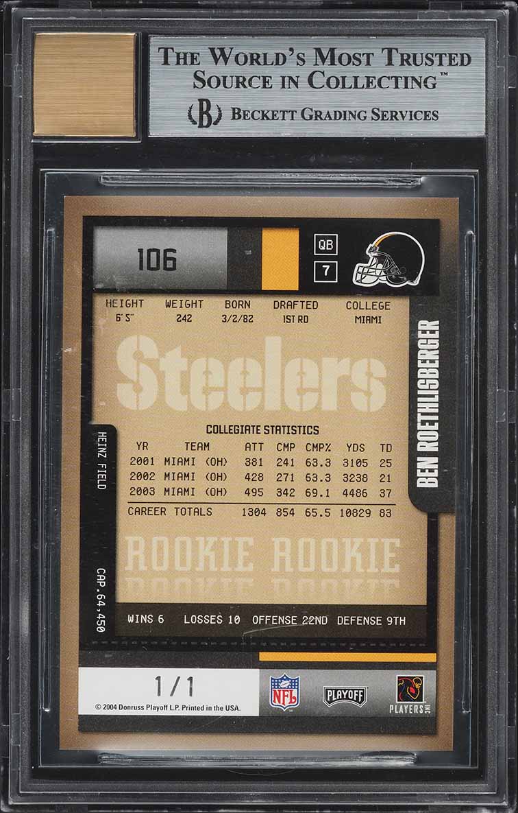 2004 Playoff Contenders Championship Ticket Ben Roethlisberger RC AUTO 1/1 BGS 9