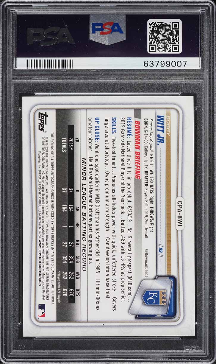 2020 Bowman Chrome Gold Shimmer Refractor Bobby Witt Jr. ROOKIE AUTO /50 PSA 10