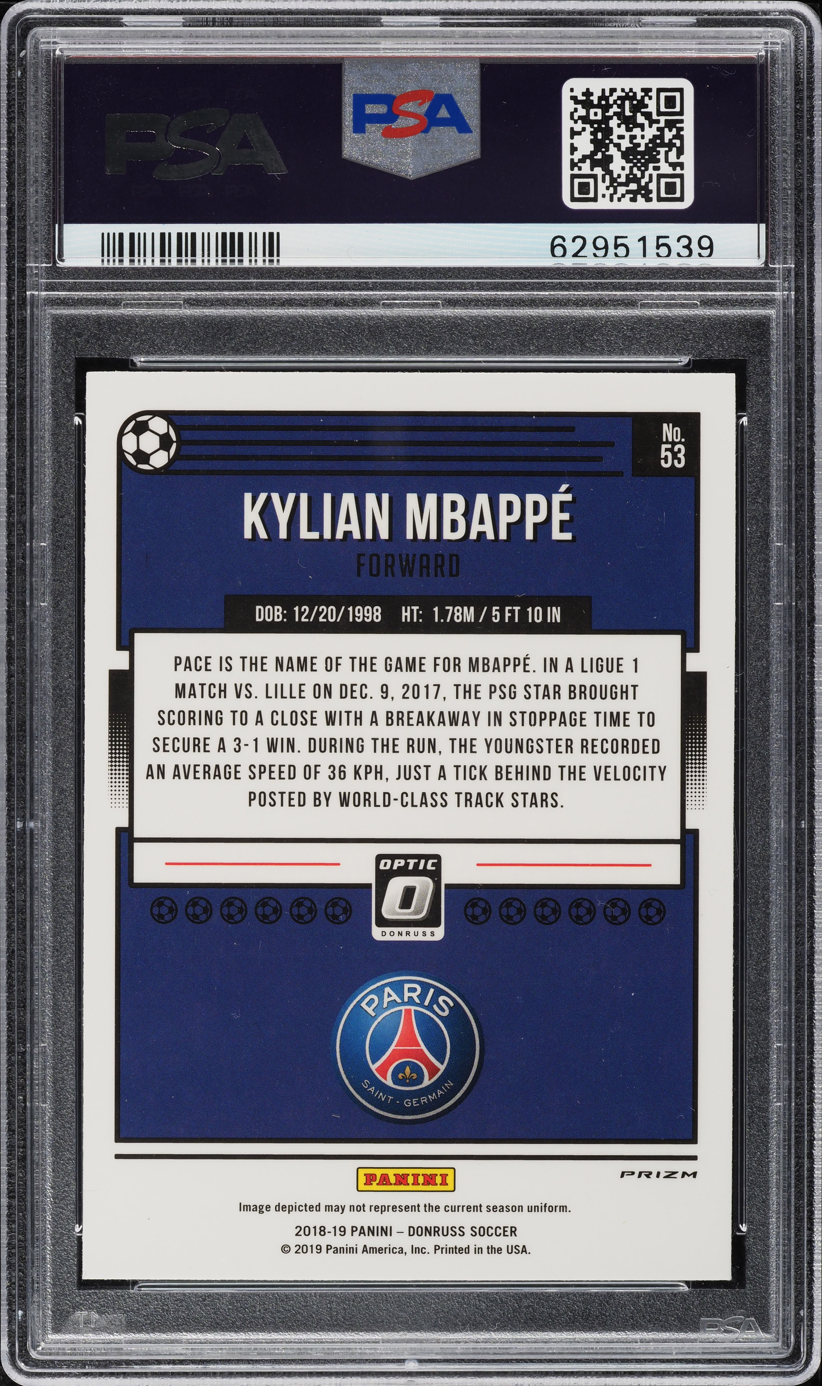 2018 Donruss Optic Holo Kylian Mbappe ROOKIE #53 PSA 9 MINT on