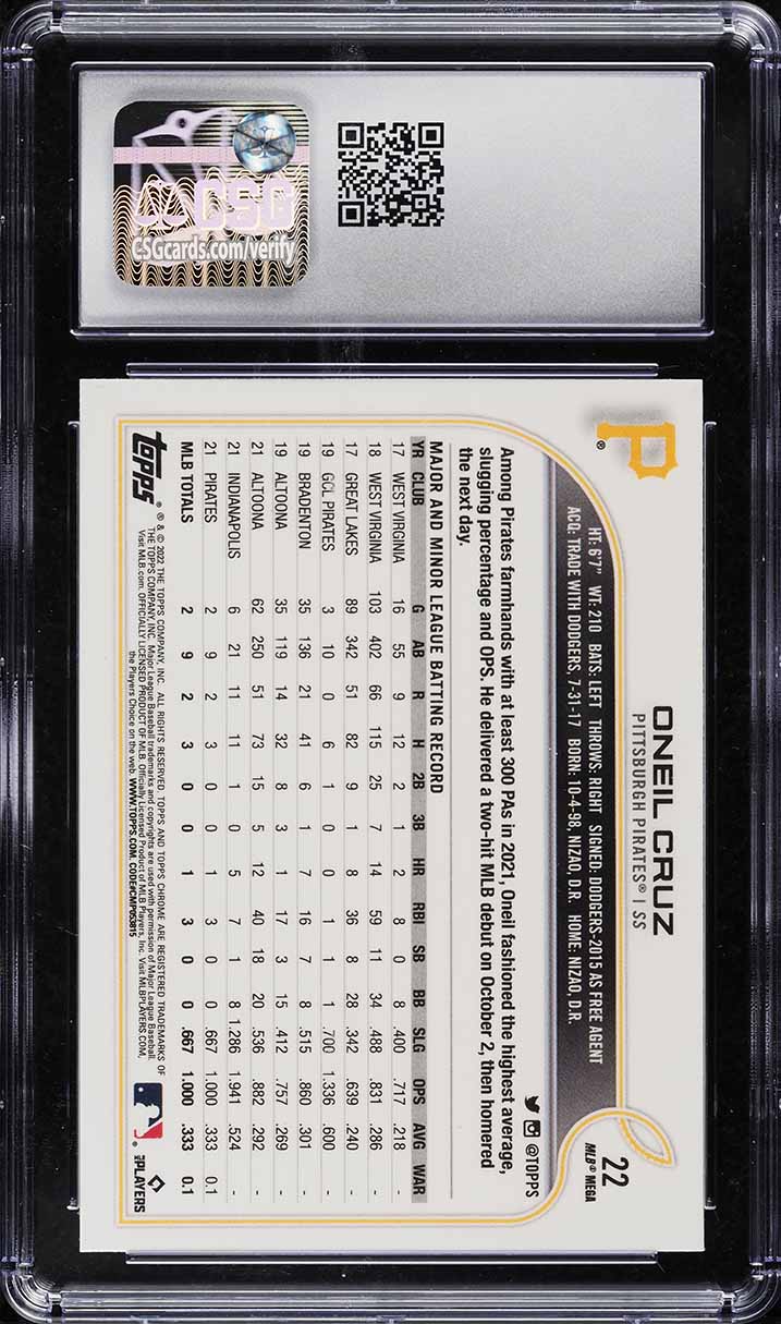 2022 Topps Chrome Logofractor Oneil Cruz ROOKIE #22 CSG 10 GEM MINT