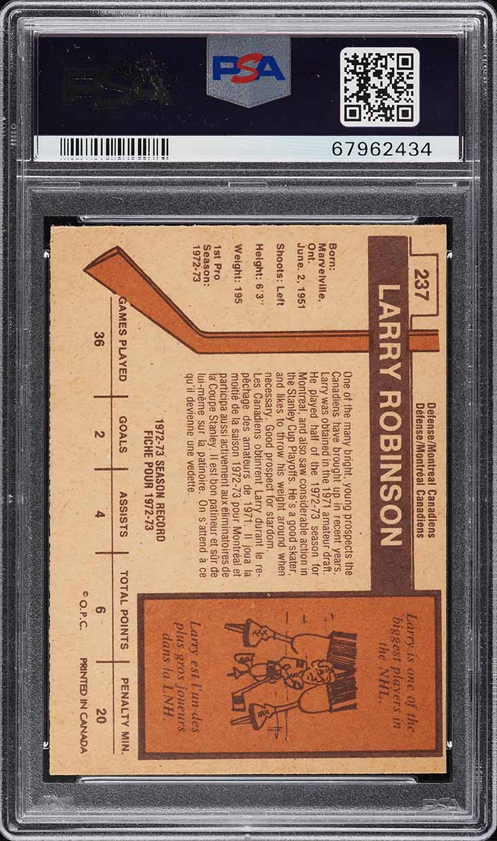 1973 O-Pee-Chee Hockey Larry Robinson ROOKIE #237 PSA 7 NRMT