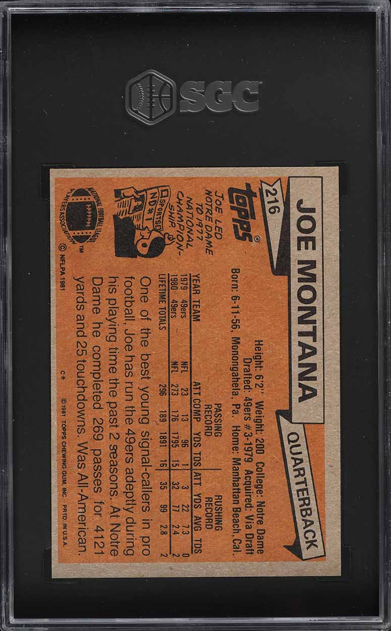 1981 Topps Football Joe Montana ROOKIE #216 SGC 8 NM-MT