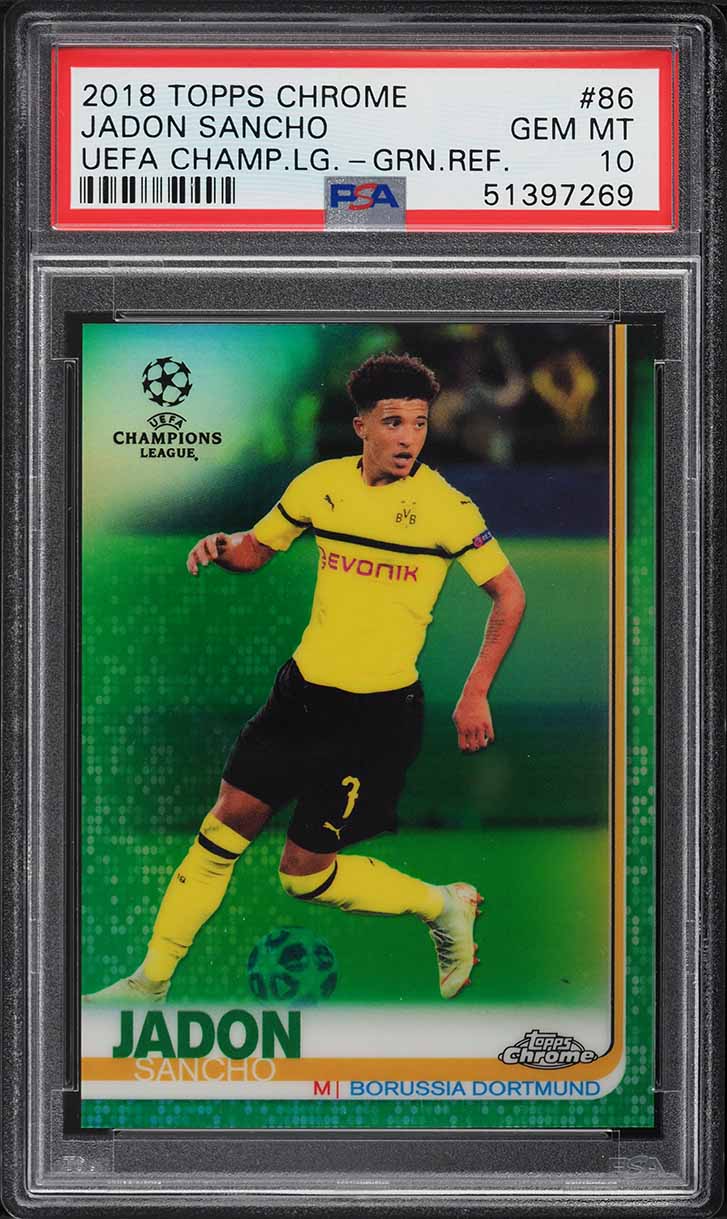 2018 Topps Chrome UEFA Green Refractor Jadon Sancho ROOKIE /99 #86 PSA 10 GEM