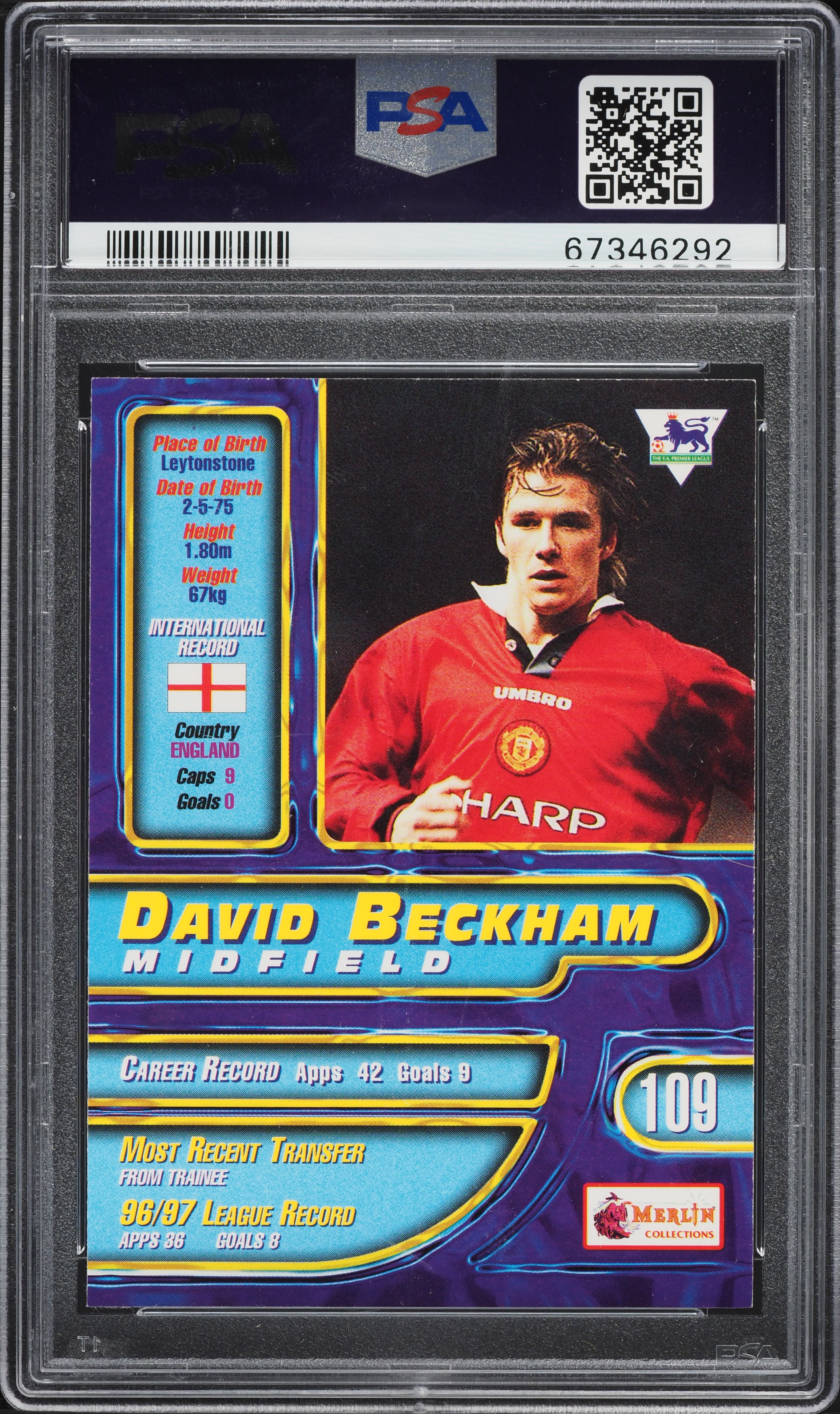 1997 Merlin's Premier Gold '98 David Beckham ROOKIE #109 PSA 8 NM