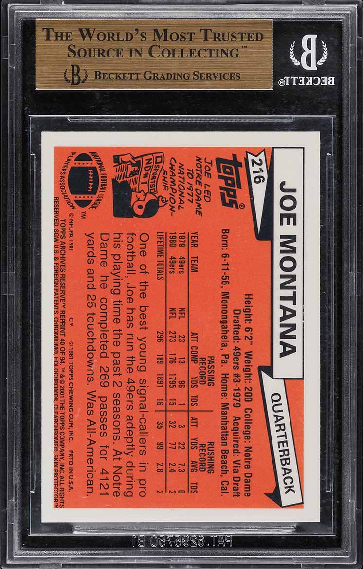 2001 Topps Archives Reserve Joe Montana #40 BGS 9.5 GEM MINT