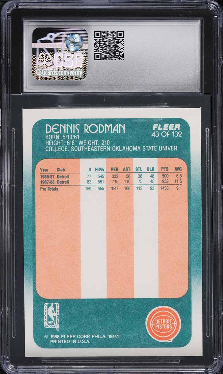 1988 Fleer Basketball Dennis Rodman ROOKIE #43 CSG 8.5 NM-MT+