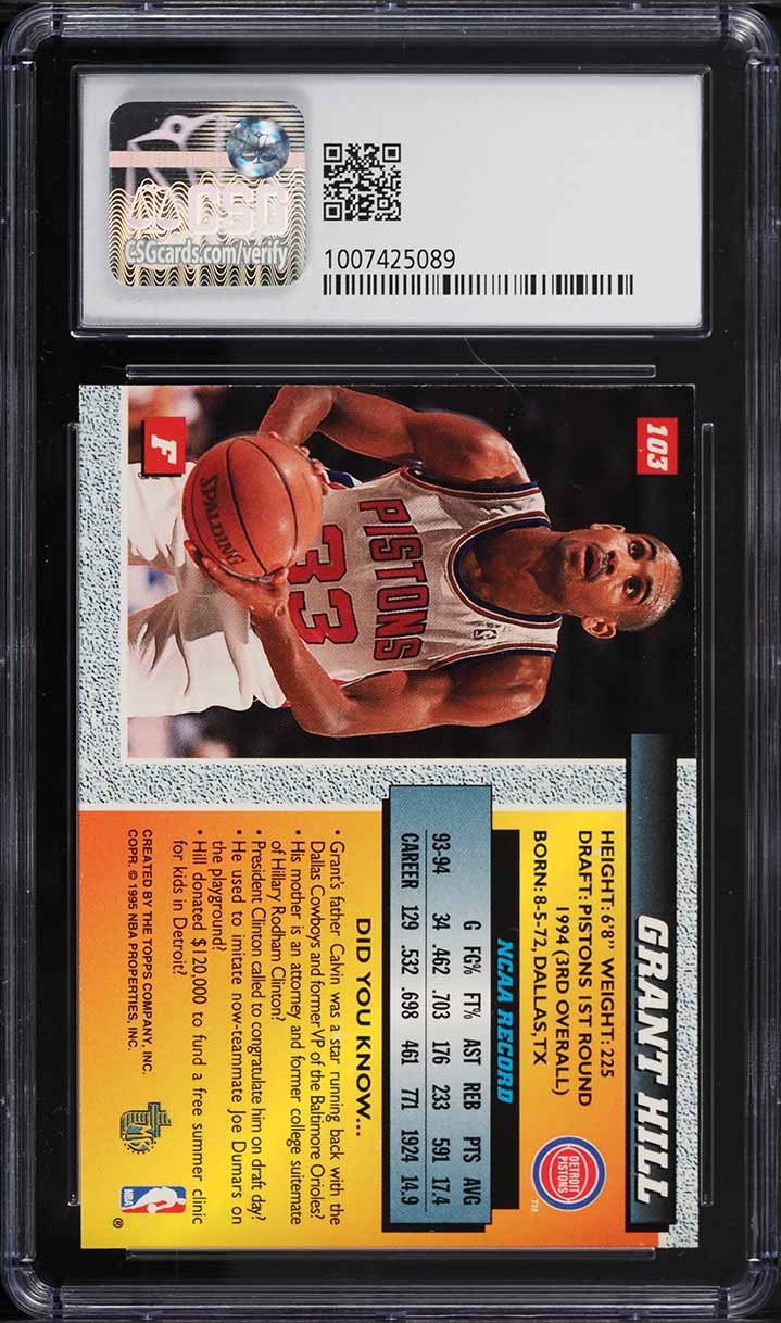 1994 Topps Embossed Grant Hill ROOKIE #103 CSG 8 NM-MT
