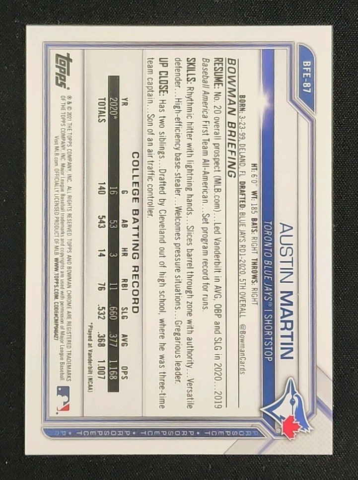2021 Bowman 1st Edition Austin Martin ROOKIE #BFE-87 MBA AUTH