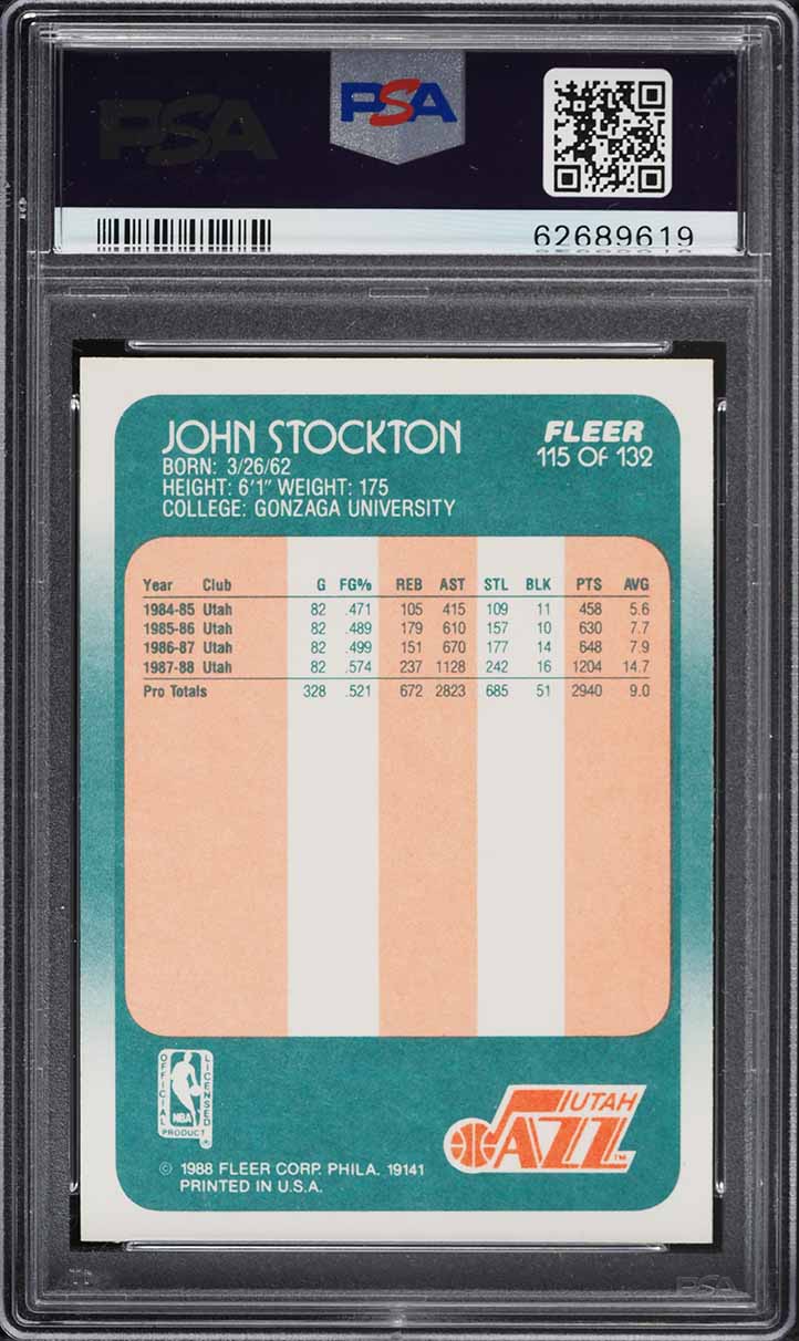 1988 Fleer Basketball John Stockton ROOKIE #115 PSA 9 MINT