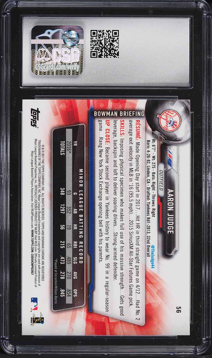 2017 Bowman Chrome Aaron Judge ROOKIE #56 CSG 9.5 MINT+