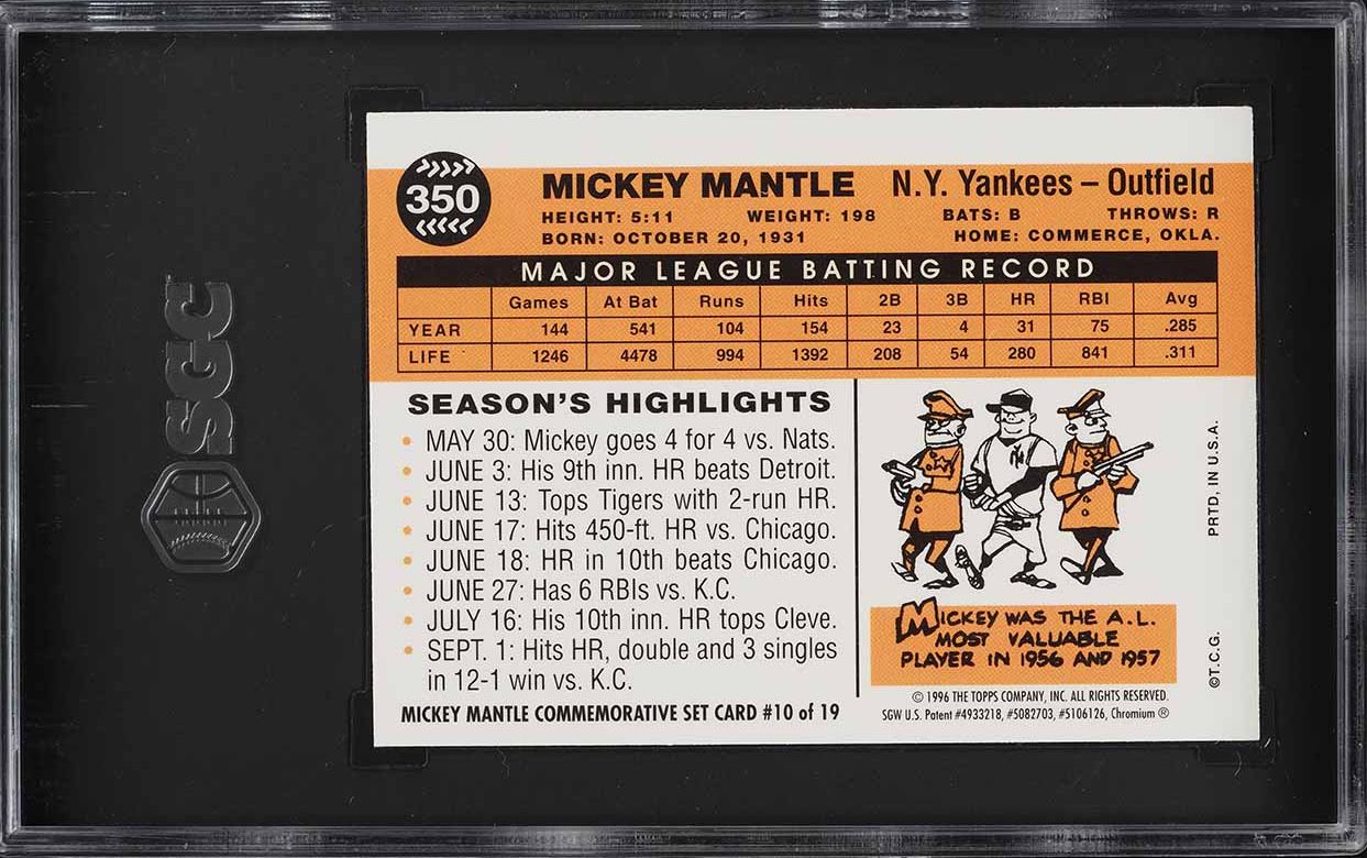 1996 Topps '60 Finest Reprint w/ Coating Mickey Mantle #10 SGC 8 NNM-MT