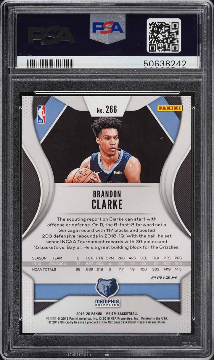 2019 Panini Prizm Red White Blue Prizms Brandon Clarke ROOKIE #266 PSA 9 MINT