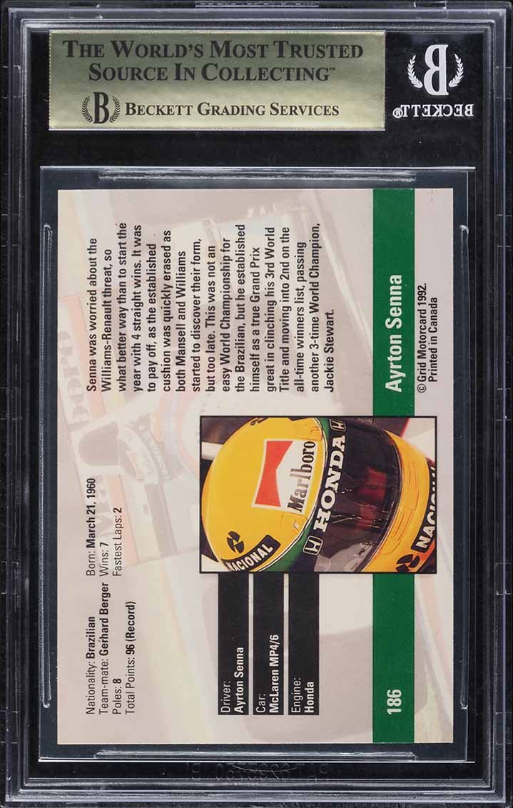 1992 Grid Formula One Ayrton Senna #186 BGS 9.5 GEM MINT