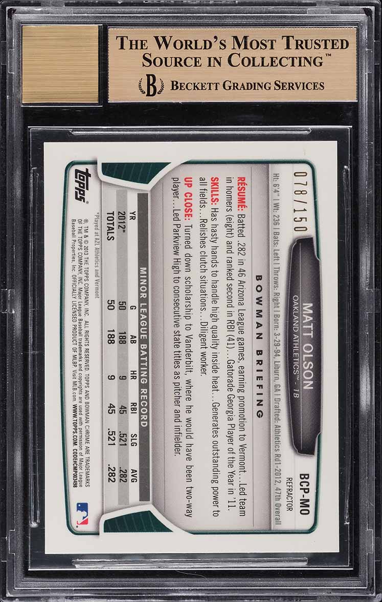 2013 Bowman Chrome Blue Refractor Matt Olson ROOKIE AUTO /150 BGS 9.5 GEM MINT