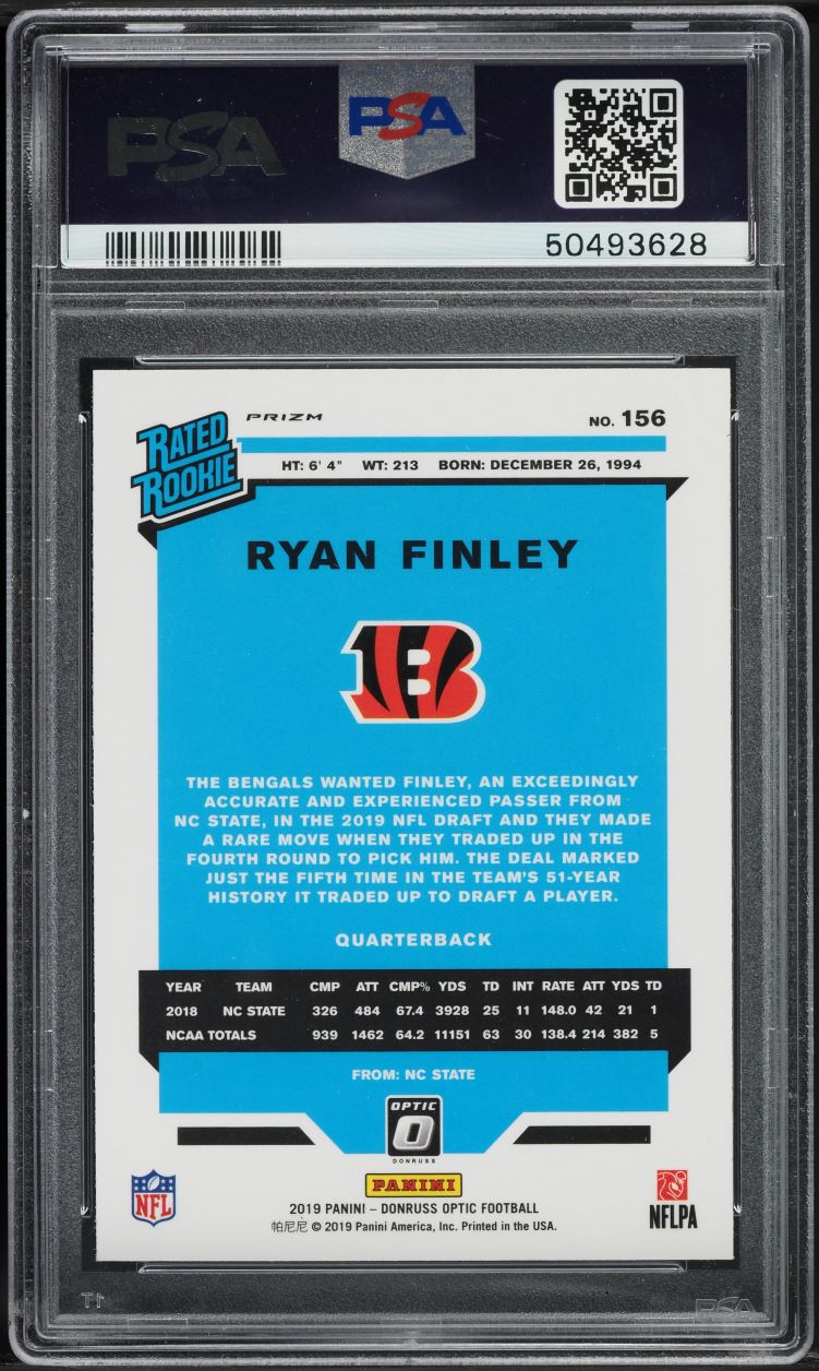 2019 Donruss Optic Holo Ryan Finley ROOKIE #156 PSA 10 GEM MINT