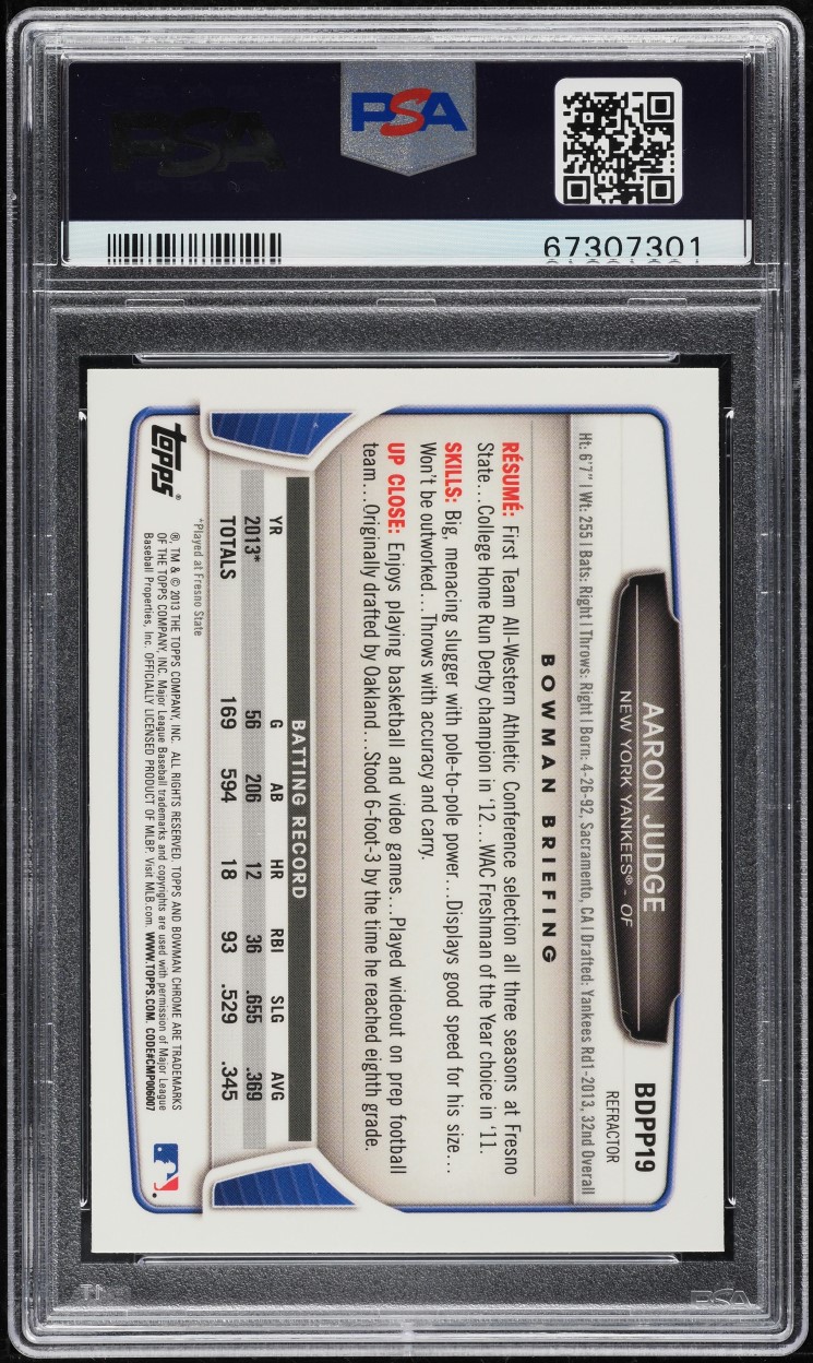 2013 Bowman Chrome Draft Refractor Aaron Judge ROOKIE #BDPP19 PSA 9 MINT