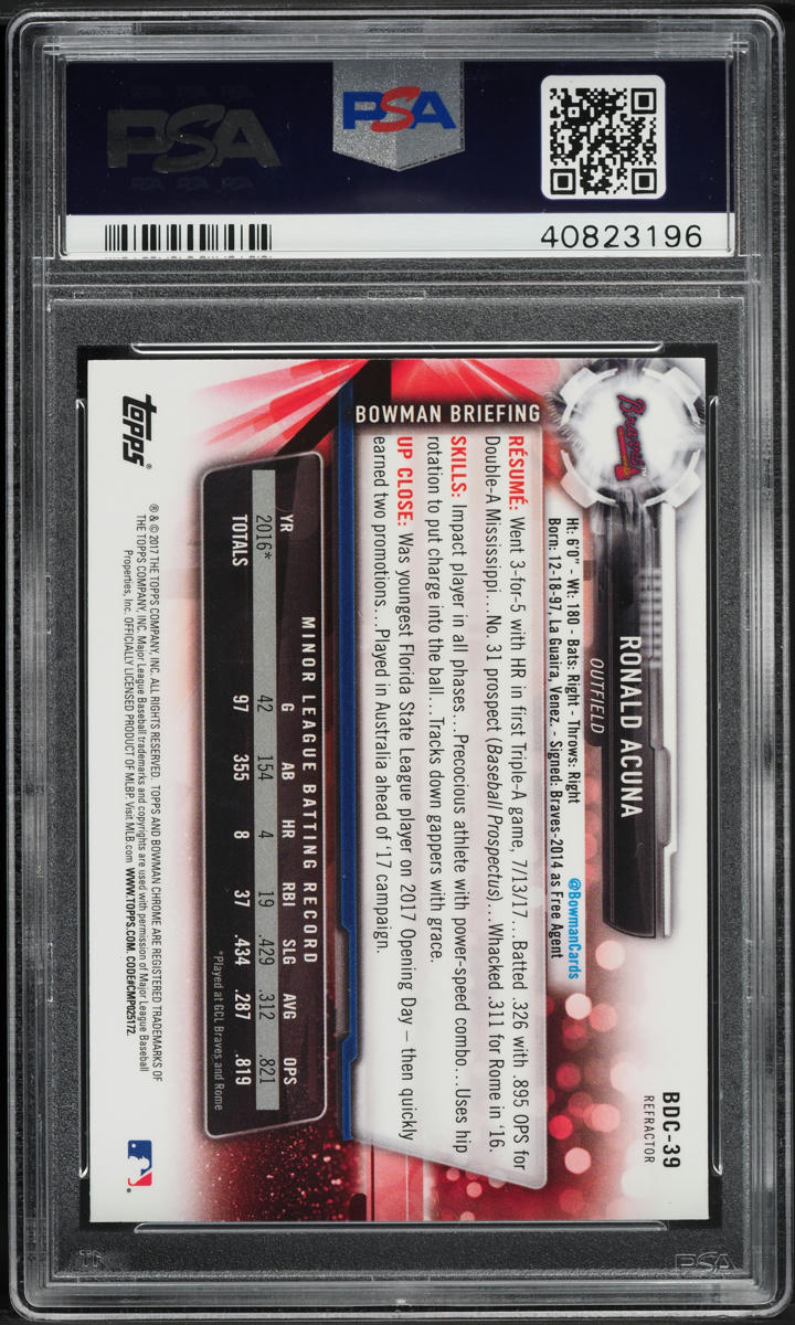 2017 Bowman Chrome Draft Refractor Ronald Acuna ROOKIE #BDC-39 PSA 10 GEM MINT
