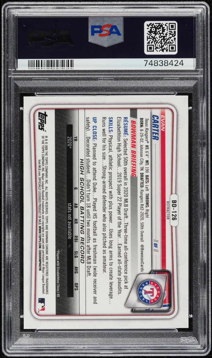 2020 Bowman Chrome Draft Refractor Evan Carter ROOKIE AUTO DNA 10 PSA AUTH