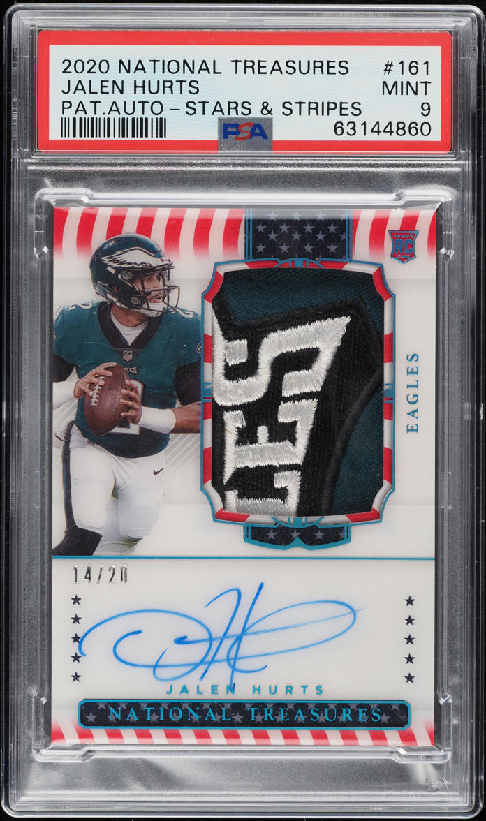 2020 National Treasures Stars & Stripes Jalen Hurts RC PATCH AUTO /20 #161 PSA 9